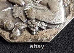 RARE Silver Metal Pendant signed RAY PELLETIER Art Deco Cherub with Fawn