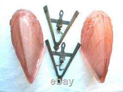 Rare 2 Appliques Art Deco 1930, Molded Pink Glass By J. Robert, Bronze Support