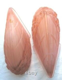 Rare 2 Appliques Art Deco 1930, Molded Pink Glass By J. Robert, Bronze Support