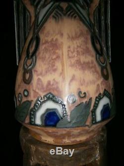 Rare Art Deco Quimper Hb Cylindrical Vase Signed Renaud