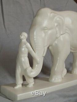 Rare Elephant And Cornac Signed Stef. Ceramic Cracked 30. Art Deco