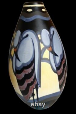 Rare Kerami Vase Aux Herons Polychrome Signe Charles Catteau N 989