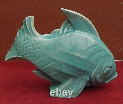 Rare Old Great Art Deco Fish Faience Cracked Blue Green Signed Lejan