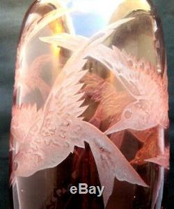 Rare Signed Legras Vase Art Deco, Pink Glass To Flying Birds Released Acid