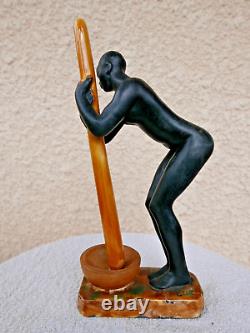 Rare signed LUC black cruise woman ceramic 1930 ART DECO erotic 24 cm