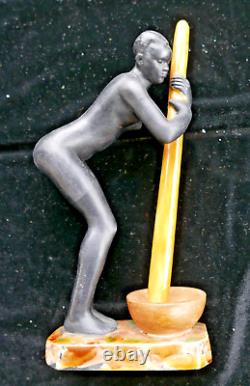 Rare signed LUC black cruise woman ceramic 1930 ART DECO erotic 24 cm