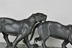 Rochard, Pair Of Panthers, Signed Sculpture, Art Deco, 20th Century