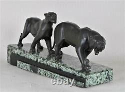 Rochard, Pair Of Panthers, Signed Sculpture, Art Deco, 20th Century