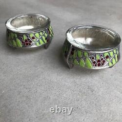 SALIERES ART DECO Silver-plated, signed, antique vintage enameled cloisonné