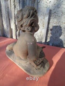 SCULPTURE PUTTO WITH ROSES ART DECO ERA IN TERRACOTTA by RENE MEYNIAL