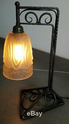 Schneider Art Deco Lamp Glass Paste Signed Wrought Iron 1930 Old