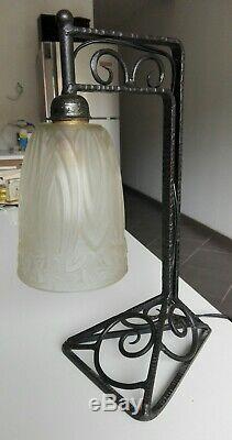 Schneider Art Deco Lamp Glass Paste Signed Wrought Iron 1930 Old