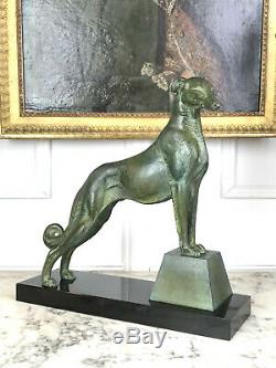 Sculpture Art Deco Greyhound A Representative On Marble Base Signed Carvin