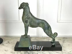 Sculpture Art Deco Greyhound A Representative On Marble Base Signed Carvin