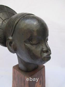 Sculpture Art Deco Roger Favin African Mangbetu Carved Wood Signed 29 CM