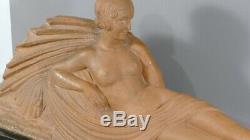 Sculpture Art Deco Woman Languid With Draped, Pottery Signed J. Darcle
