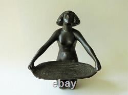 Sculpture Signed Laplagne Naked Woman On Egyptian Art Deco Set