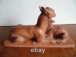 Sculpture Terracotta The Biche And Its Faon Signed Clem Art Deco