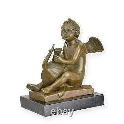 Sculpture of a Putto Playing the Lyre in Bronze Art Deco Style, Signed