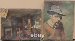 Self-portrait of the painter René L GASCHE (1900-) and his room, 2 paintings, Cambrai