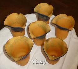 Set Of 6 Tulips In Glass Paste Signed Art Deco Chandelier Lamp Applied