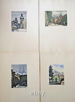 Set of 4 color landscape engravings Prague monogram JM (Josef Mayer) art deco