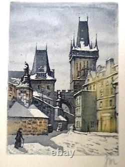 Set of 4 color landscape engravings Prague monogram JM (Josef Mayer) art deco