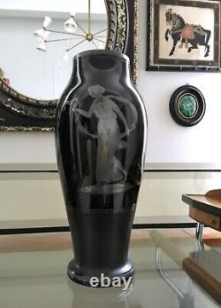 Signed Hem Art Déco Vases Pair in Modern Black Glass Decoration 1930