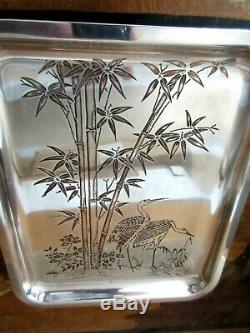 Silver Metal Plate Engraved With Bamboo And Storks Signed Christofle Art Deco