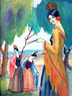 Spanish Ladies. Watercolor. Art Deco Style. Signed M. Navarro. Spanish, circa 1920.