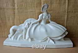Statue Posture In Cracked Faience Signed Lejan Woman And Dog Lévrier Art Deco