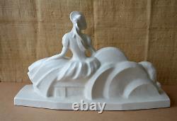 Statue Posture In Cracked Faience Signed Lejan Woman And Dog Lévrier Art Deco