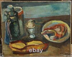 Still Life Painting Pinchus Kremegne (1890-1981), Russia, Bread, Egg, Meat