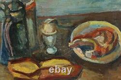 Still Life Painting Pinchus Kremegne (1890-1981), Russia, Bread, Egg, Meat