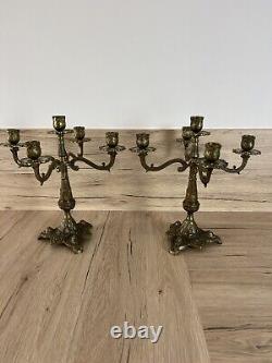 Sublime Pair of Gilded Bronze 5-Light Chandelier, 4 Art Deco Branches Signed