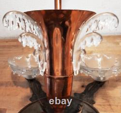 Superb Grand Lustre Art Deco 5 Arm 6 Lights Copper Glass Serie Glacon Sign Ezan