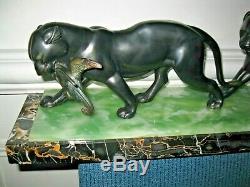 Superb Large Sculpture Art Deco Panthers Regulates Signed Irenee Rochard