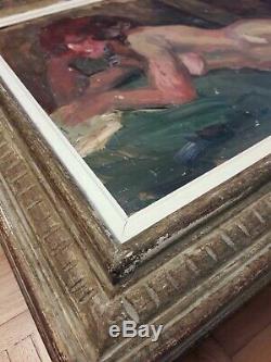 Table Former Oil Painting 1900 Art Deco Naked Book Signed Illegible Duplex