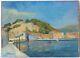 Table Oil Painting Old Signed Pouzet, Navy, Boats, Seaside