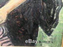 Table Old Oil Portrait Young Female Fan Daniel Vacher (1923-2014)