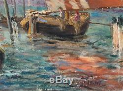 Table Painting Old Oil Signed, Landscape, Venice, Boats