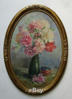 Table Still Life Bouquet Dillets Flowers Signed Painting Watercolor Art Deco
