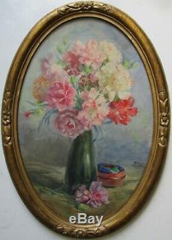 Table Still Life Bouquet Dillets Flowers Signed Painting Watercolor Art Deco