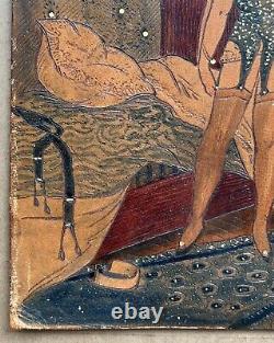Tableau Ancien Art Deco by Edouard Leverd: Tinted Leather Erotic Scene with a Woman in Lingerie