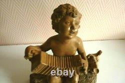 Terracotta Sculpture Signed B. Rezl Child Playing The Accordion And His Dog