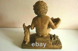 Terracotta Sculpture Signed B. Rezl Child Playing The Accordion And His Dog