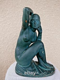 Terracotta sculpture signed G. CHAUVEL 1930 ART DECO bather with a rose