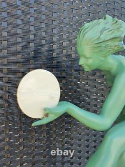 The Dancer Great Cymbales Sculpture Signed Old Art Deco Derenne 49cms