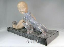Translate this title in English: Special Large Ceramic Sculpture Art Deco Cats Signed Lemoine Spirit Chiparus
