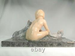 Translate this title in English: Special Large Ceramic Sculpture Art Deco Cats Signed Lemoine Spirit Chiparus